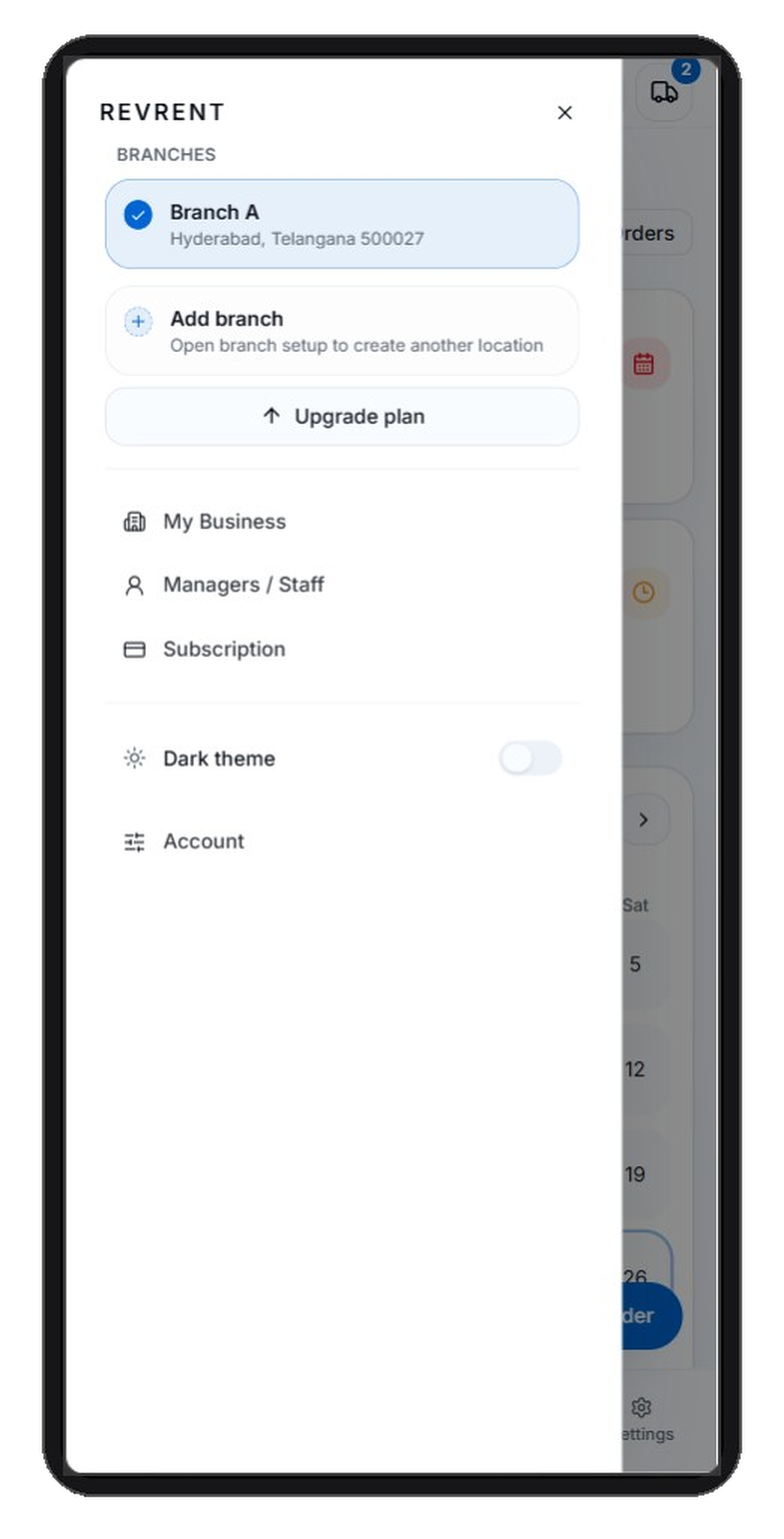 RevRent business navigation drawer with branches and account menu